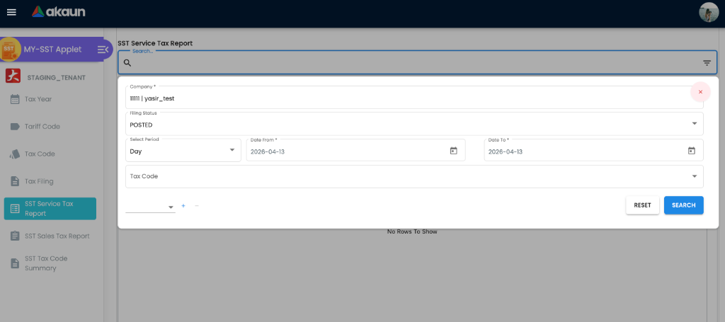 Service Tax Report Search