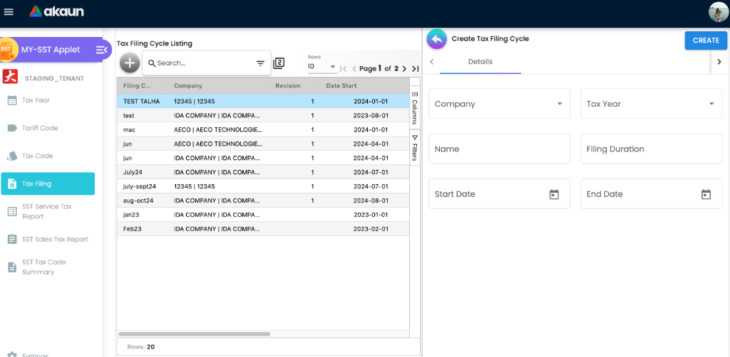 Create Tax Filing Cycle