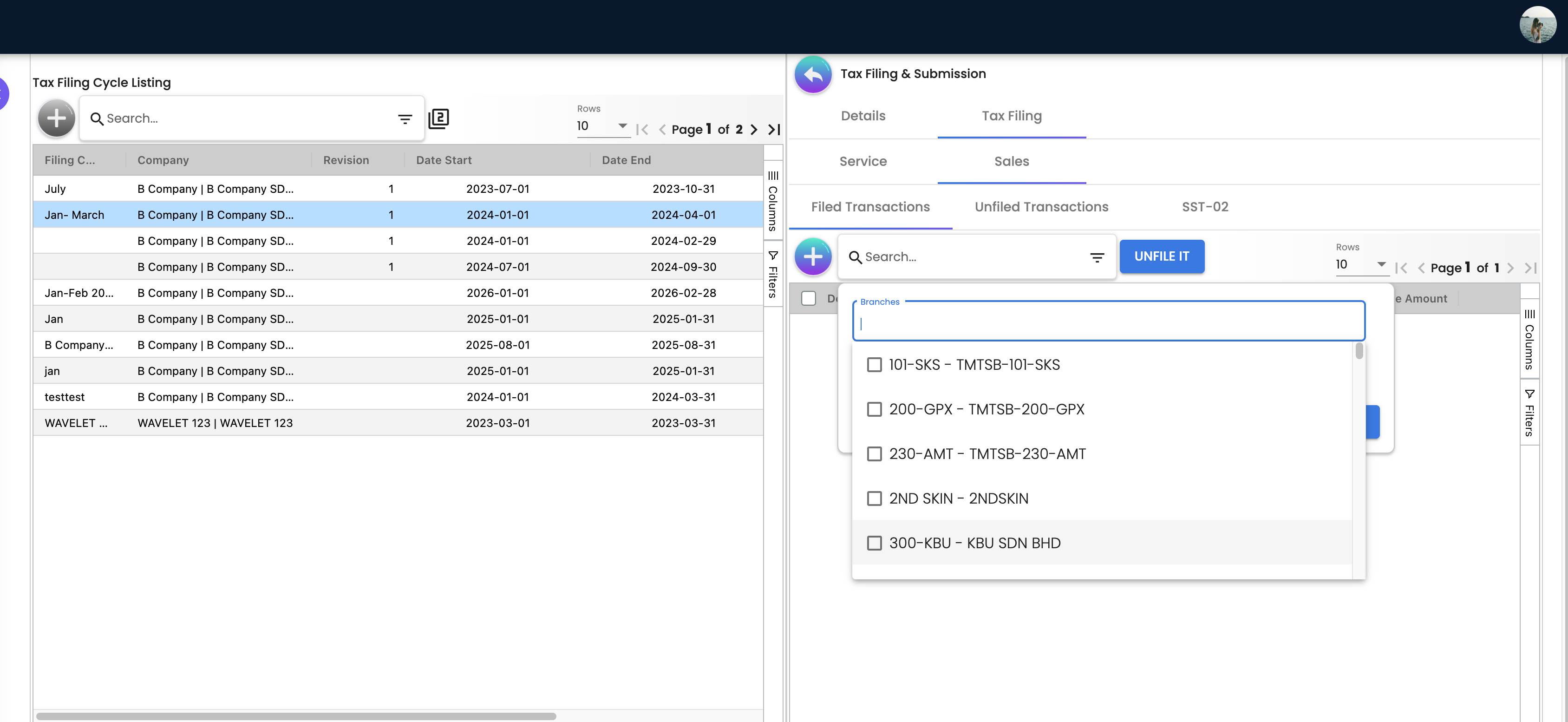 Filed Transactions View