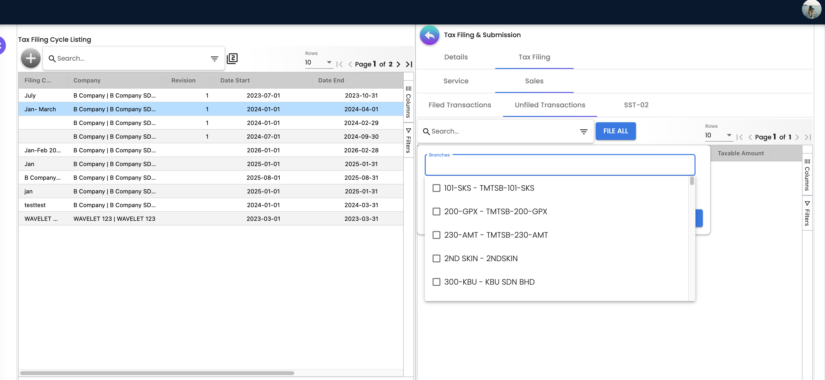 Unfiled Transactions View