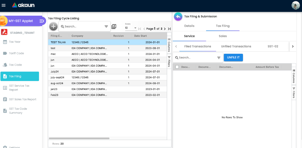 Tax Filing Main View