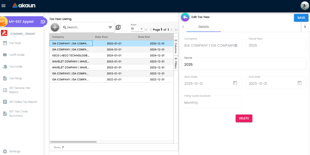 Edit Tax Year Drawer