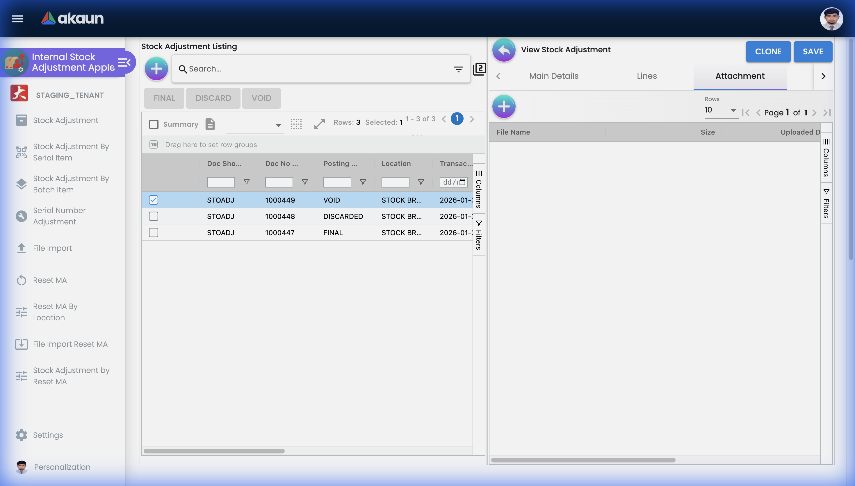 Stock Adjustment Attachment Tab