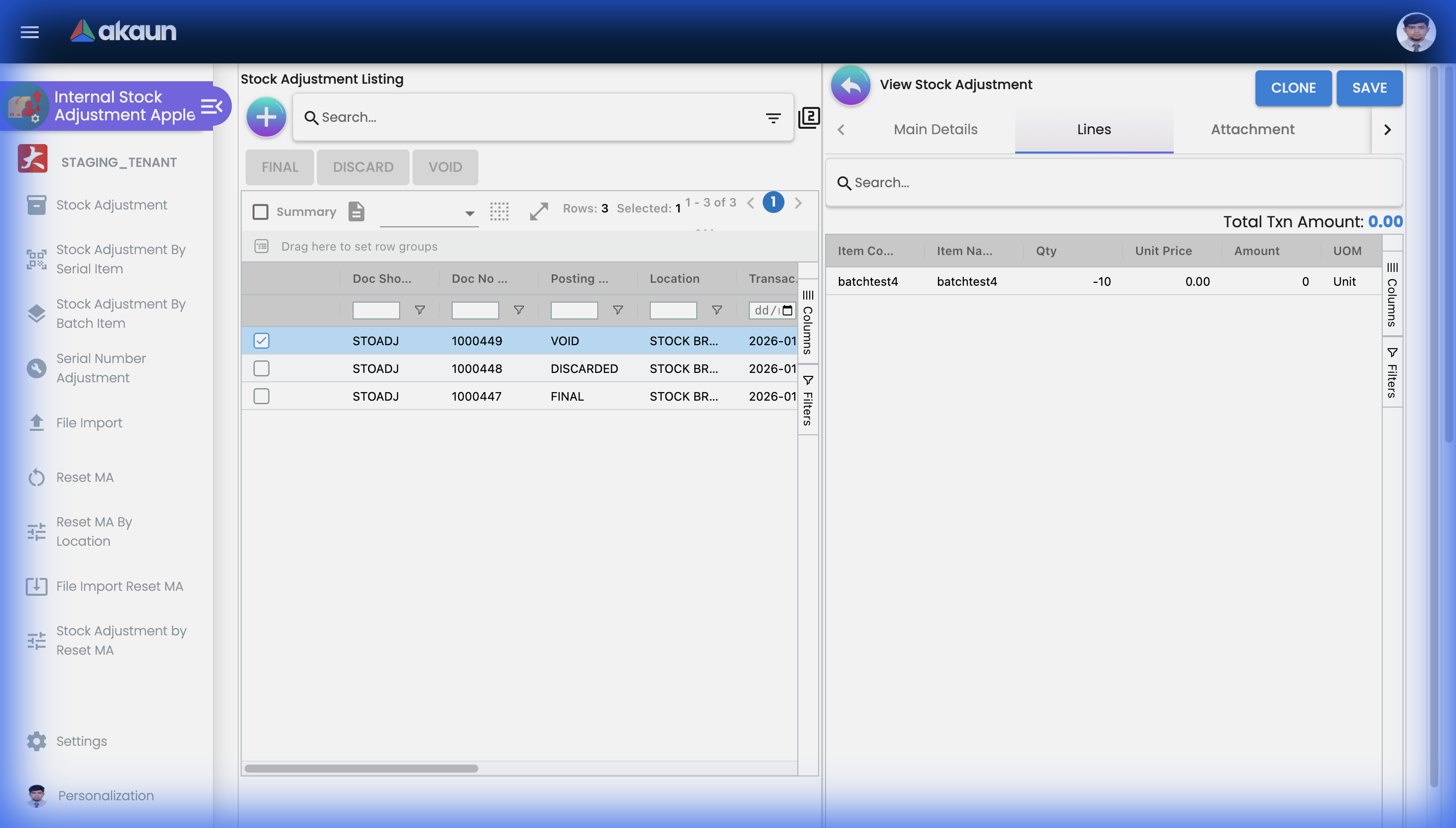 Stock Adjustment Lines Tab