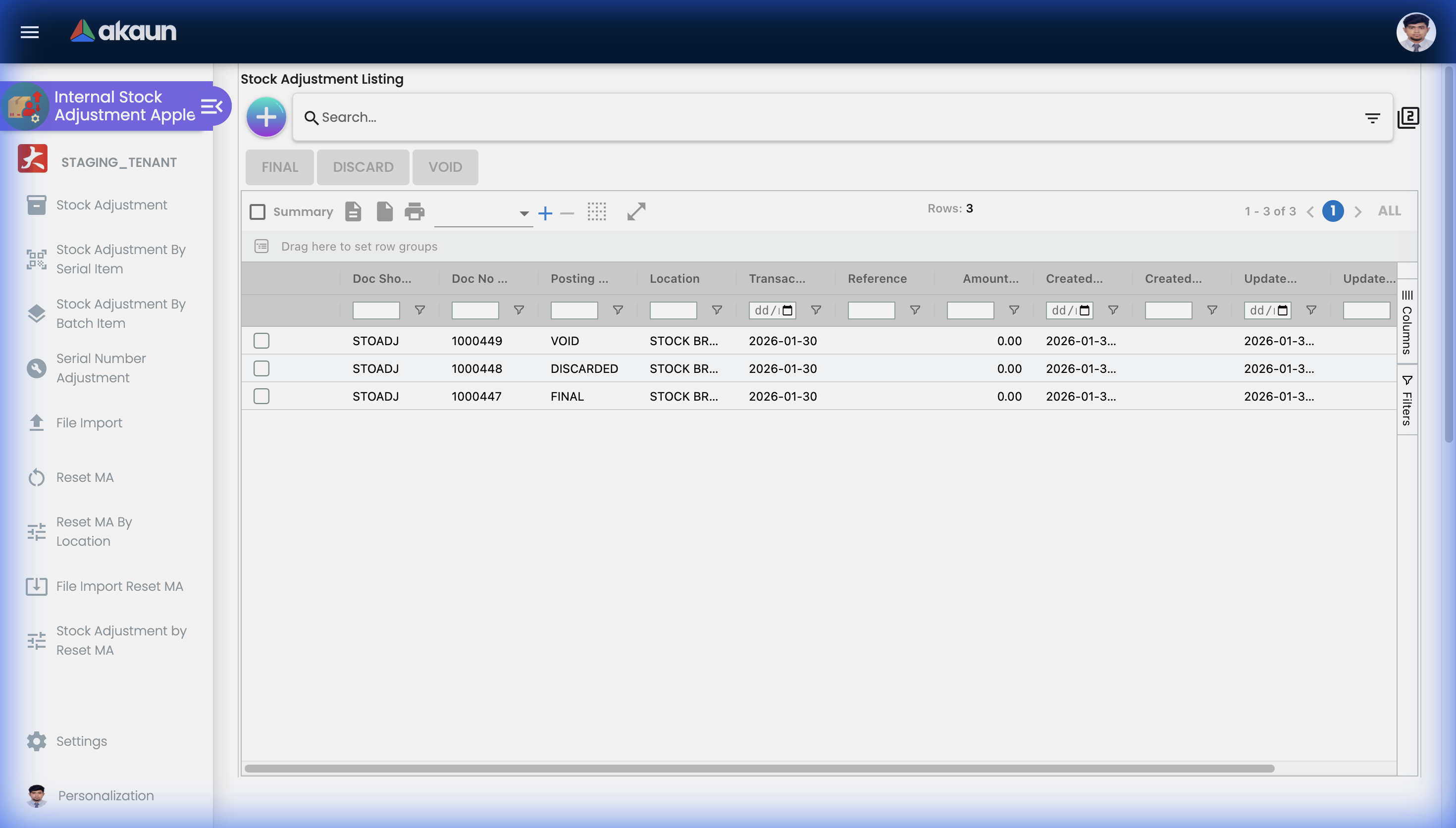 Stock Adjustment Listing