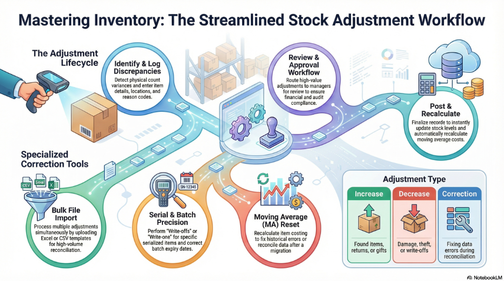 Mastering Inventory: The Streamlined Stock Adjustment Workflow - showing adjustment lifecycle, specialized correction tools including bulk file import, serial & batch precision, and moving average reset