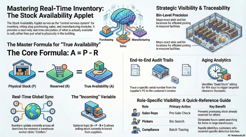 Mastering Real-Time Inventory: The Stock Availability Applet - showing the Master Formula (A = P - R), Strategic Visibility, End-to-End Audit Trails, and a Role-Specific Quick Reference Guide