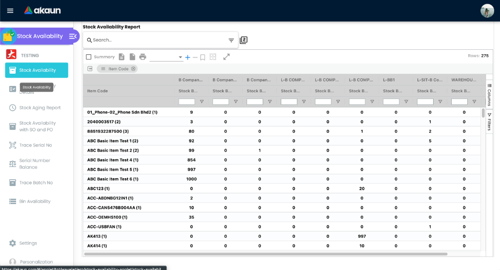 Stock Availability Listing showing company-wide inventory levels with branch filters and color-coded status indicators.