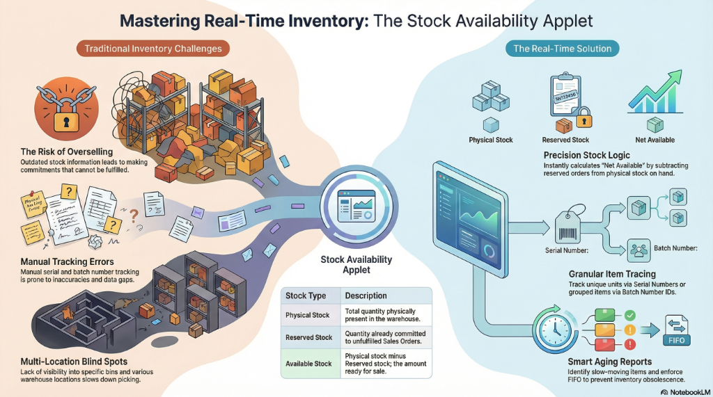 Mastering Real-Time Inventory: The Stock Availability Applet - showing traditional inventory challenges like overselling, manual tracking errors, and multi-location blind spots versus the real-time solution with precision stock logic, granular item tracing, and smart aging reports