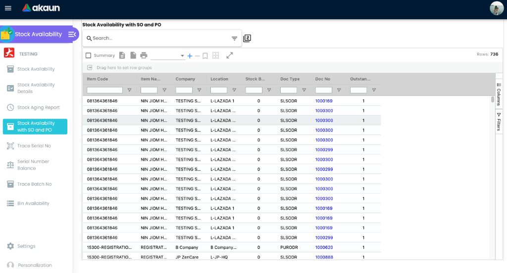 Stock Availability with SO and PO view showing specific document links and outstanding quantities.