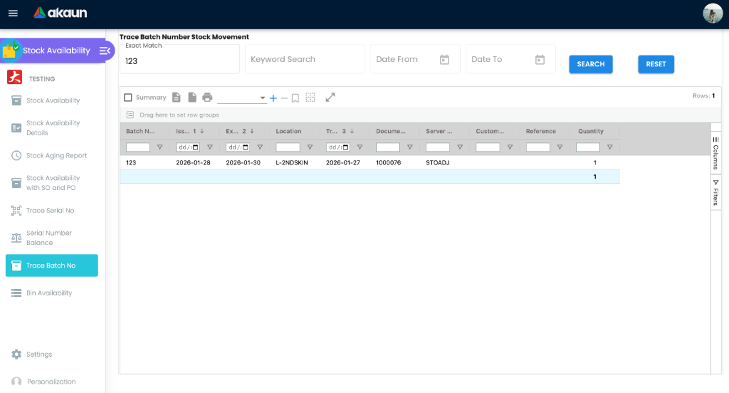 Trace Batch Number view showing movement history for batch-tracked items.