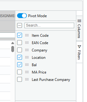 Panel tetapan lajur untuk pengelompokan dan pivot
