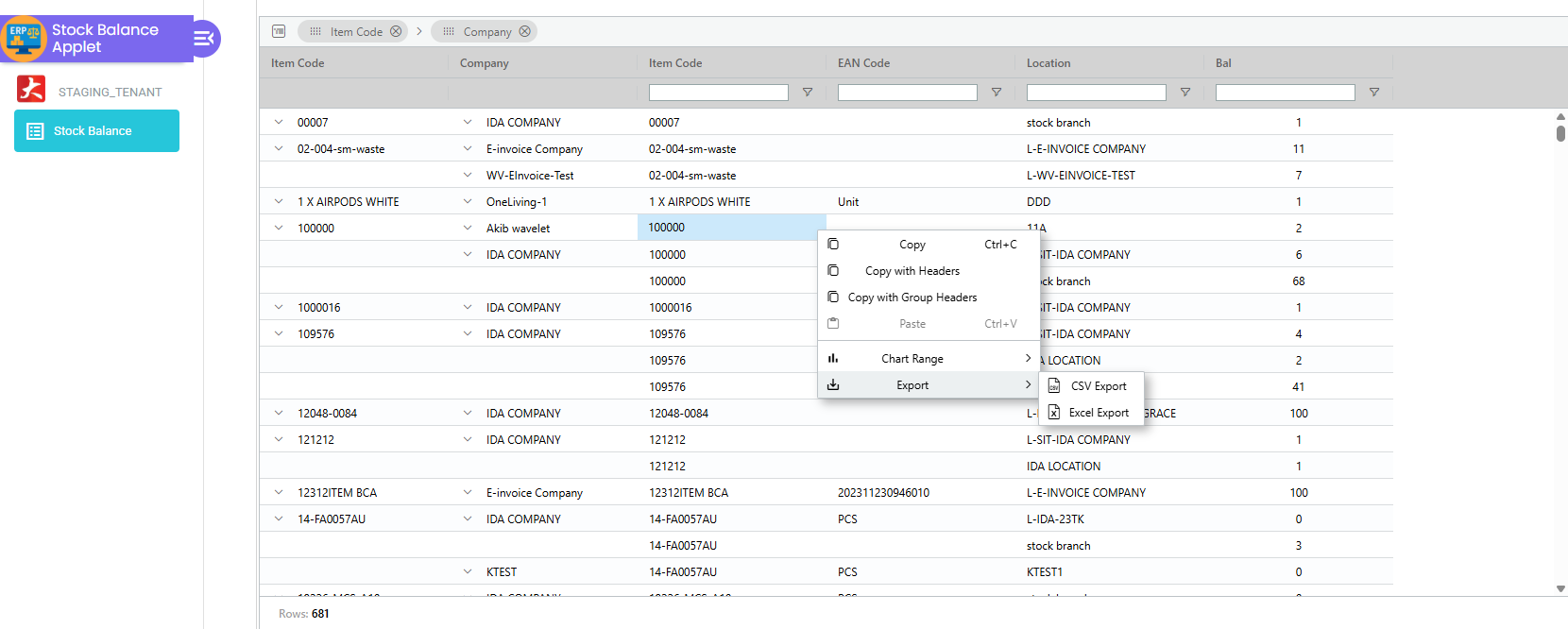 Menu eksport dalam senarai