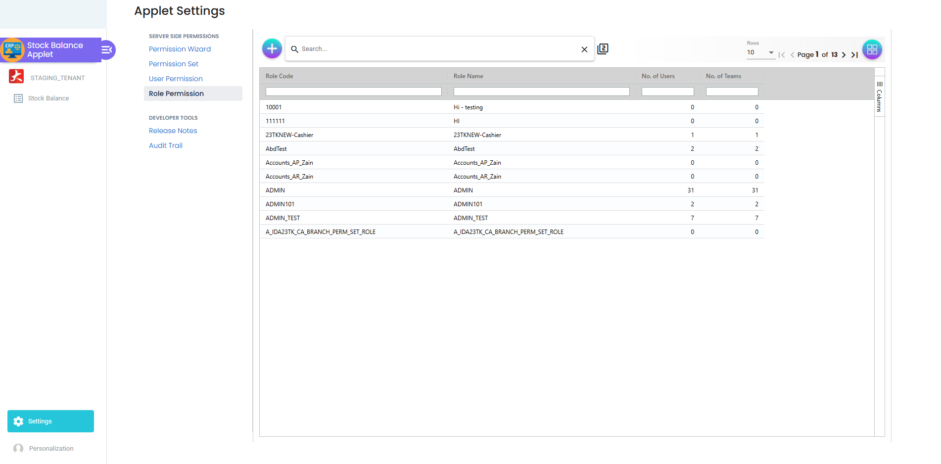 Role permissions untuk applet baki stok