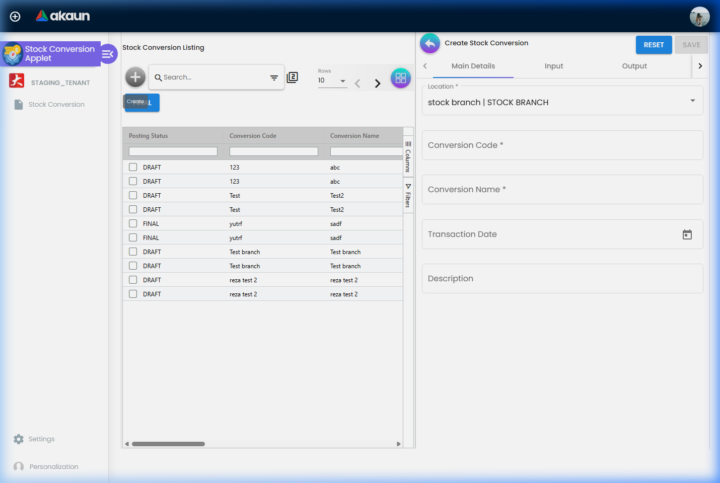 Create Stock Conversion form with Main Details, Input and Output tabs