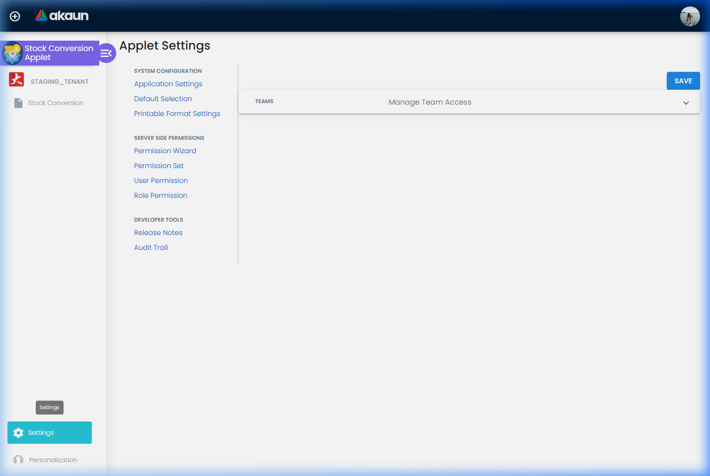 Applet Settings showing Application Settings, Default Selection and Permissions