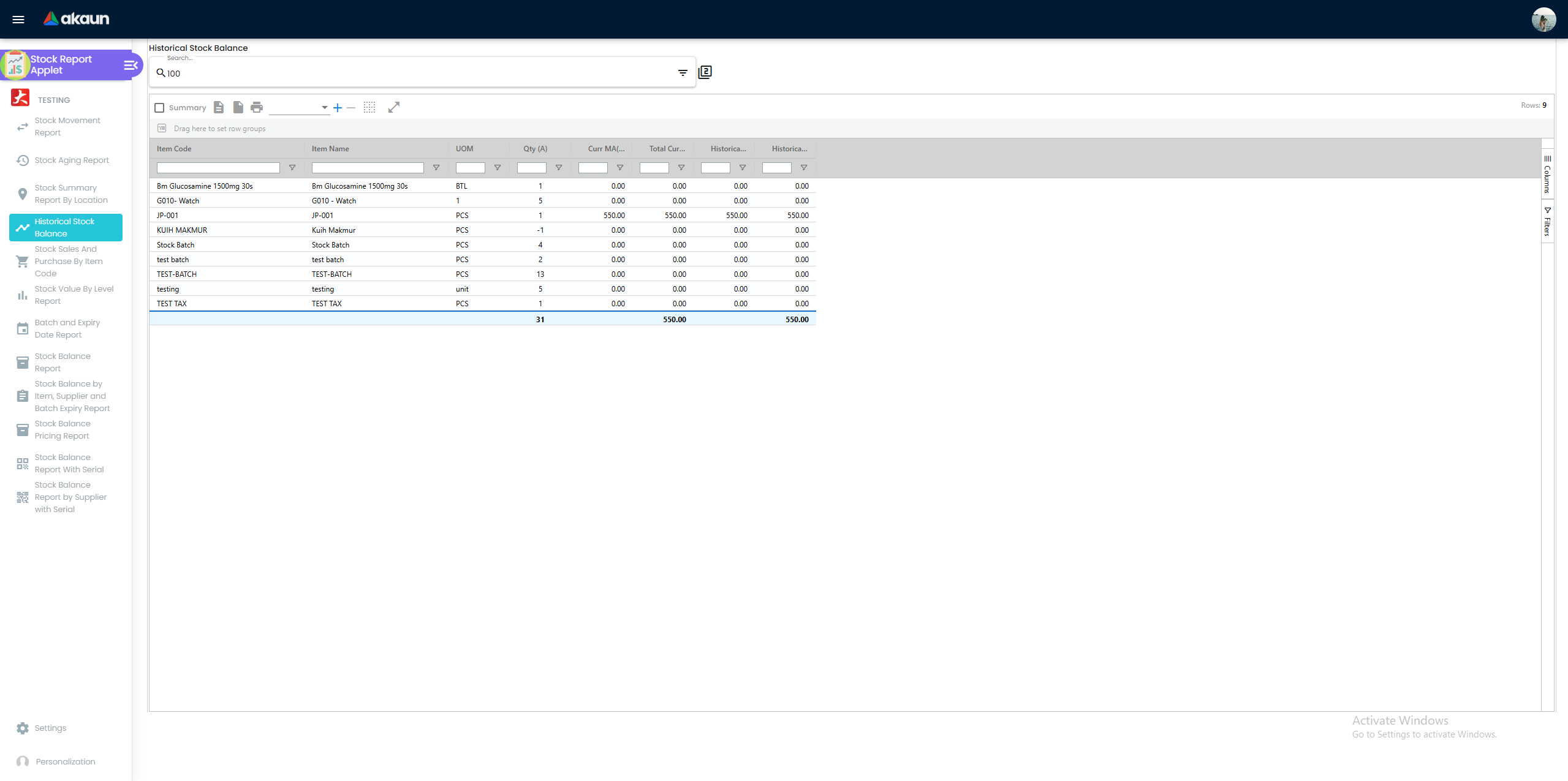 Historical Stock Balance