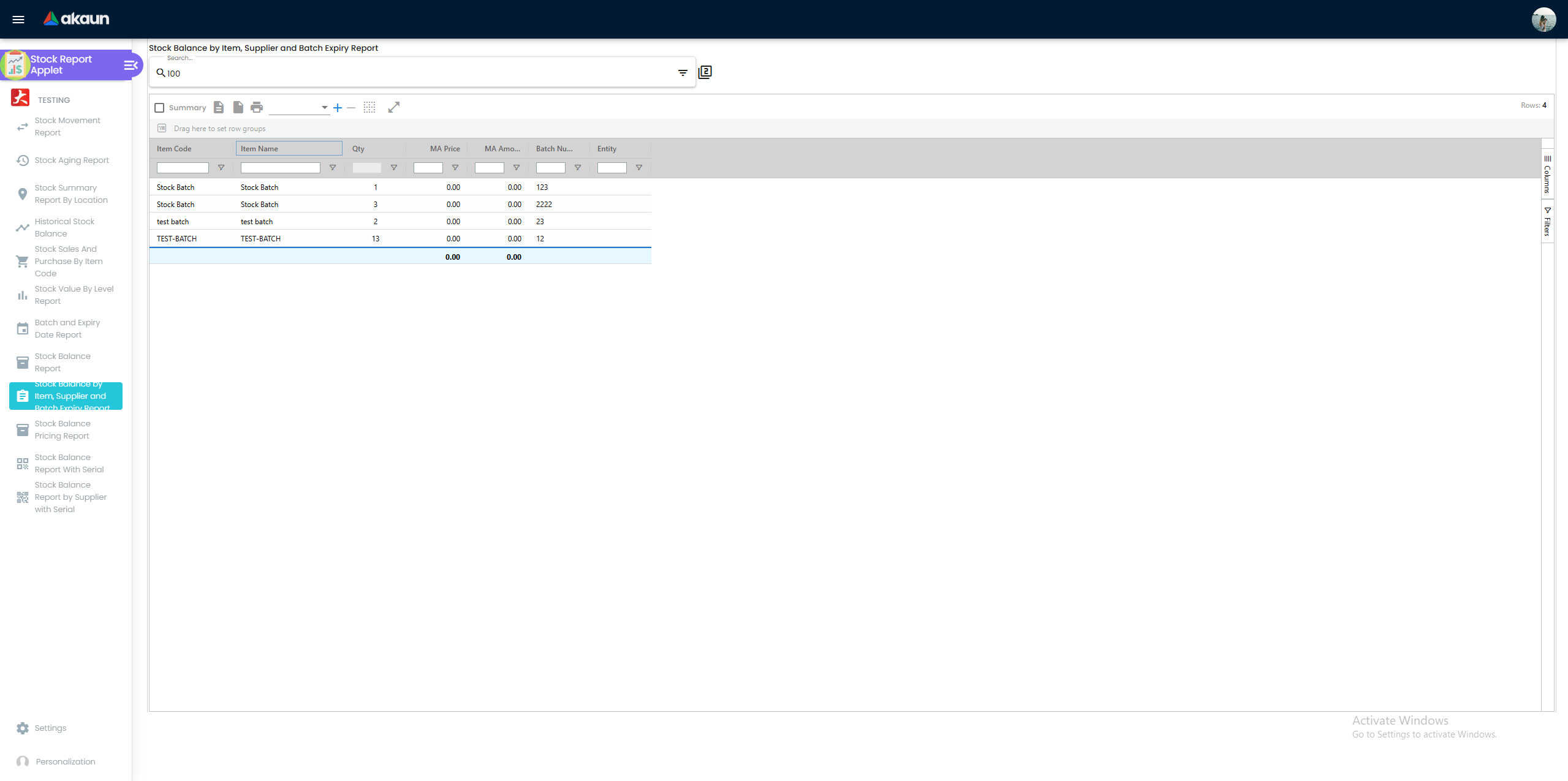 Stock Balance by Item, Supplier & Batch