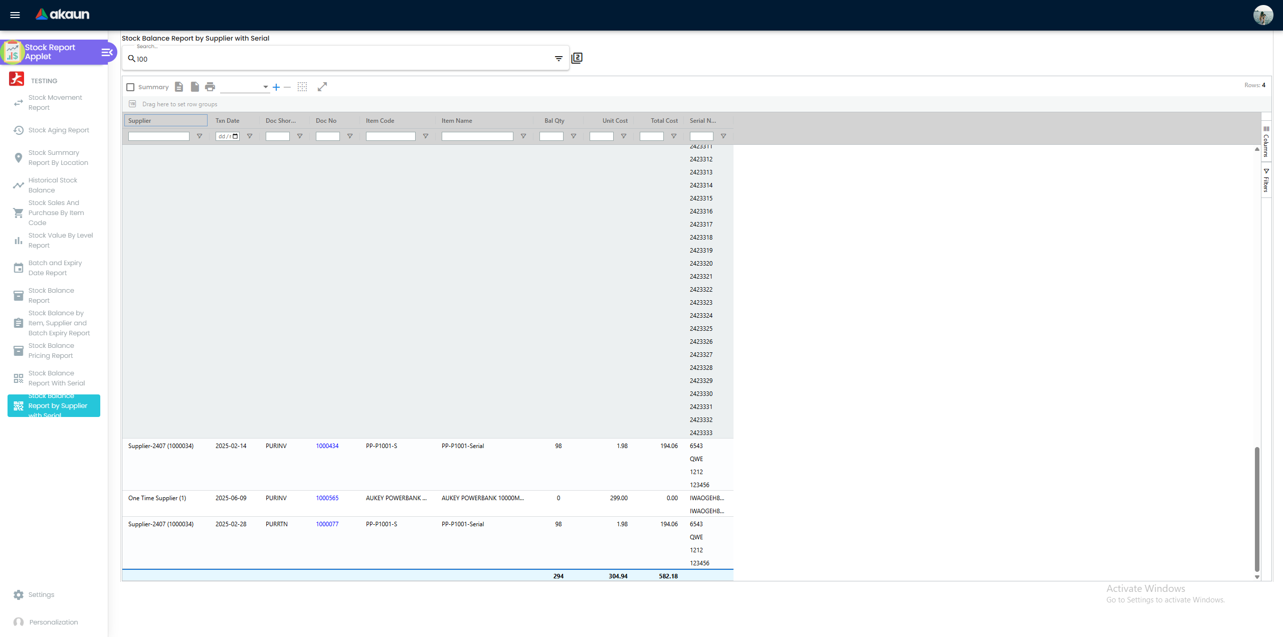 Stock Balance (Supplier & Serial)