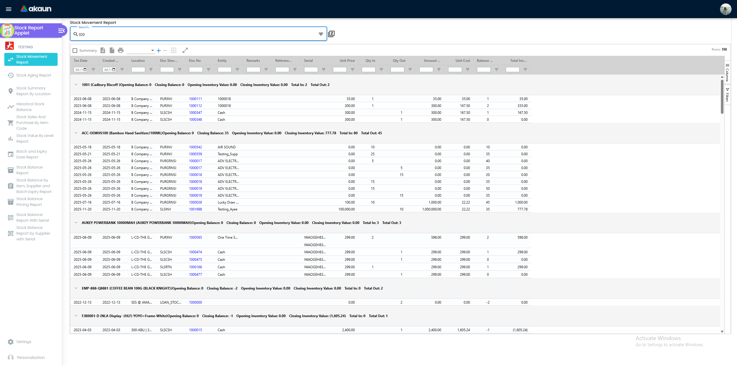 Stock Movement Report