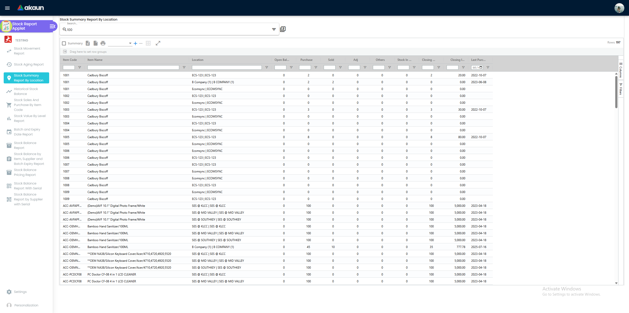 Stock Summary Report by Location