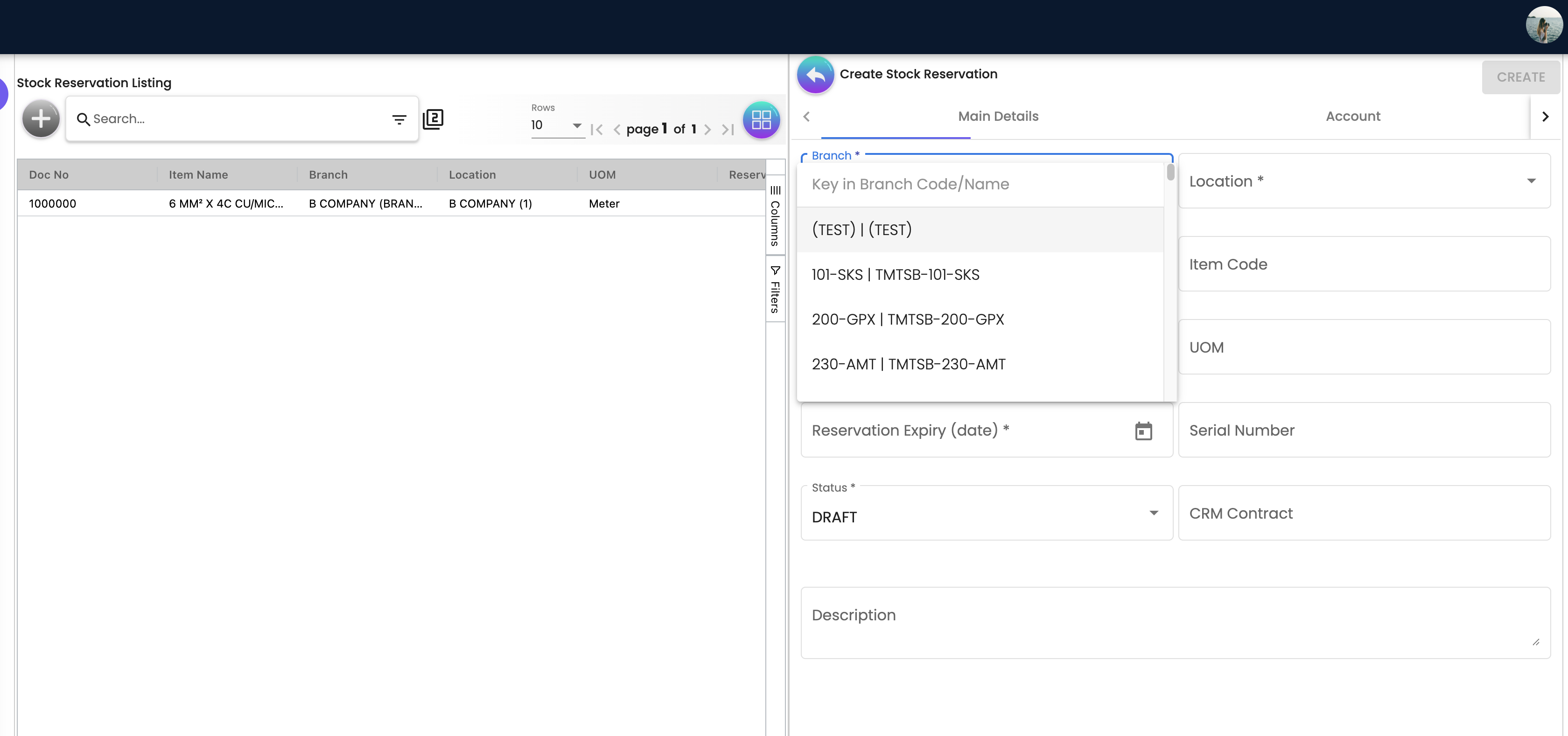 Create Stock Reservation — Branch Selection