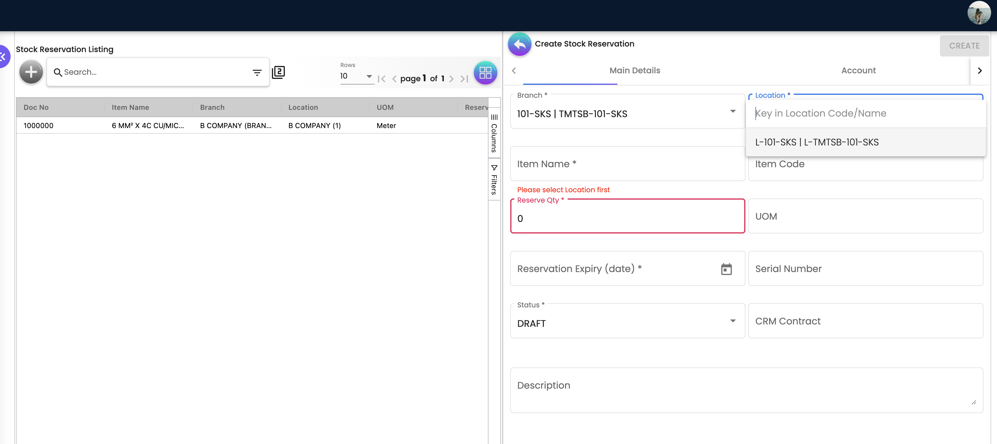Create Stock Reservation — Location Selection