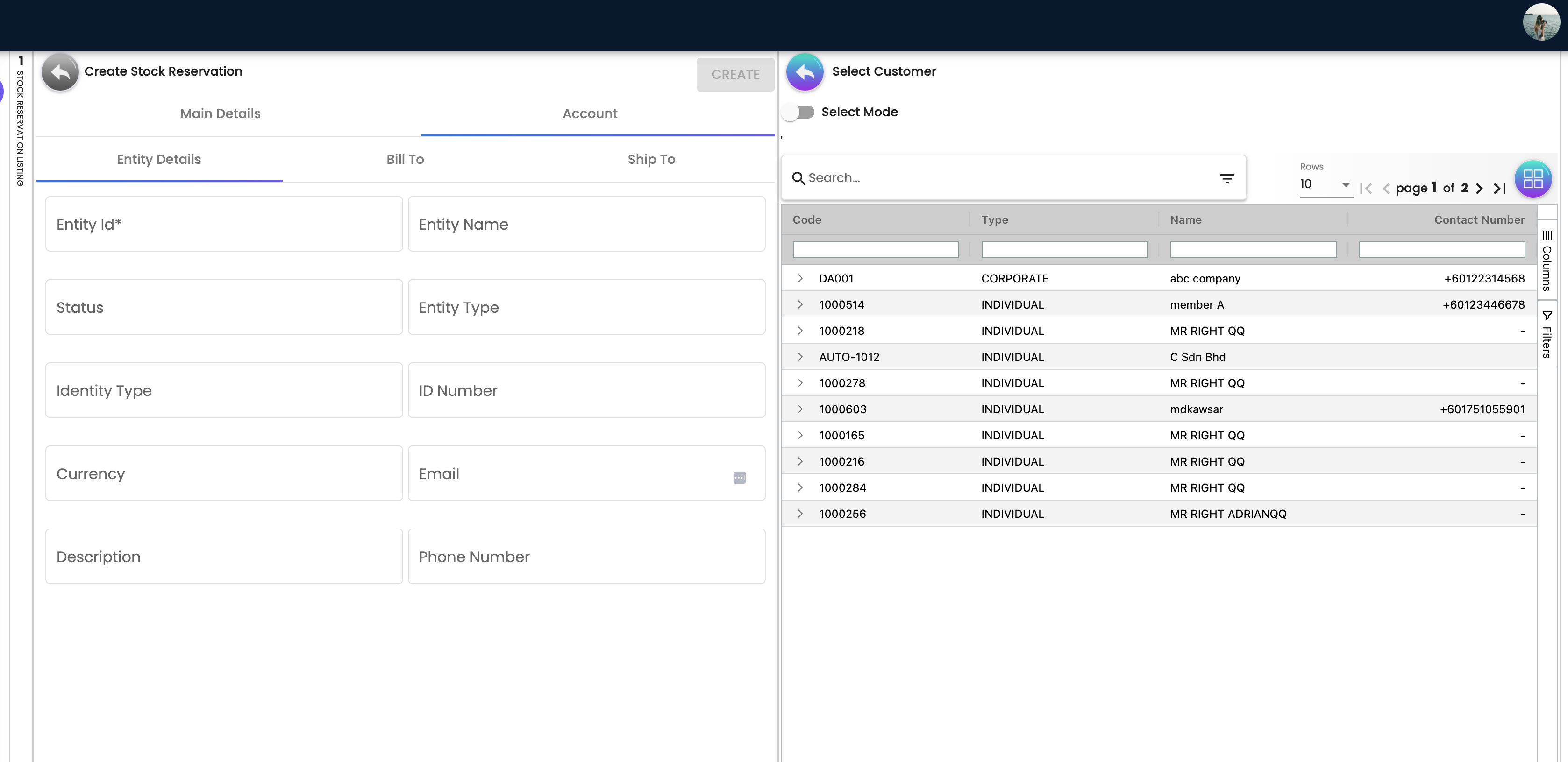 Create Stock Reservation — Select Customer