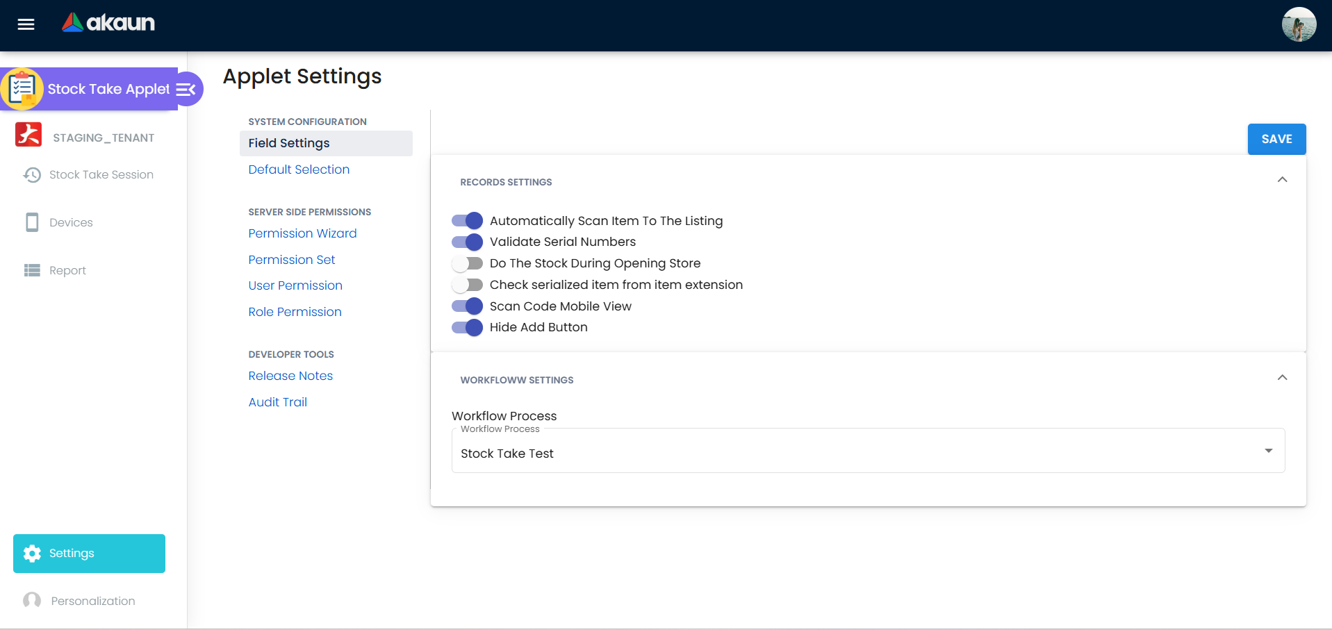Skrin Field Settings dengan pilihan auto scan, pengesahan serial, mobile scan, dan konfigurasi proses workflow.