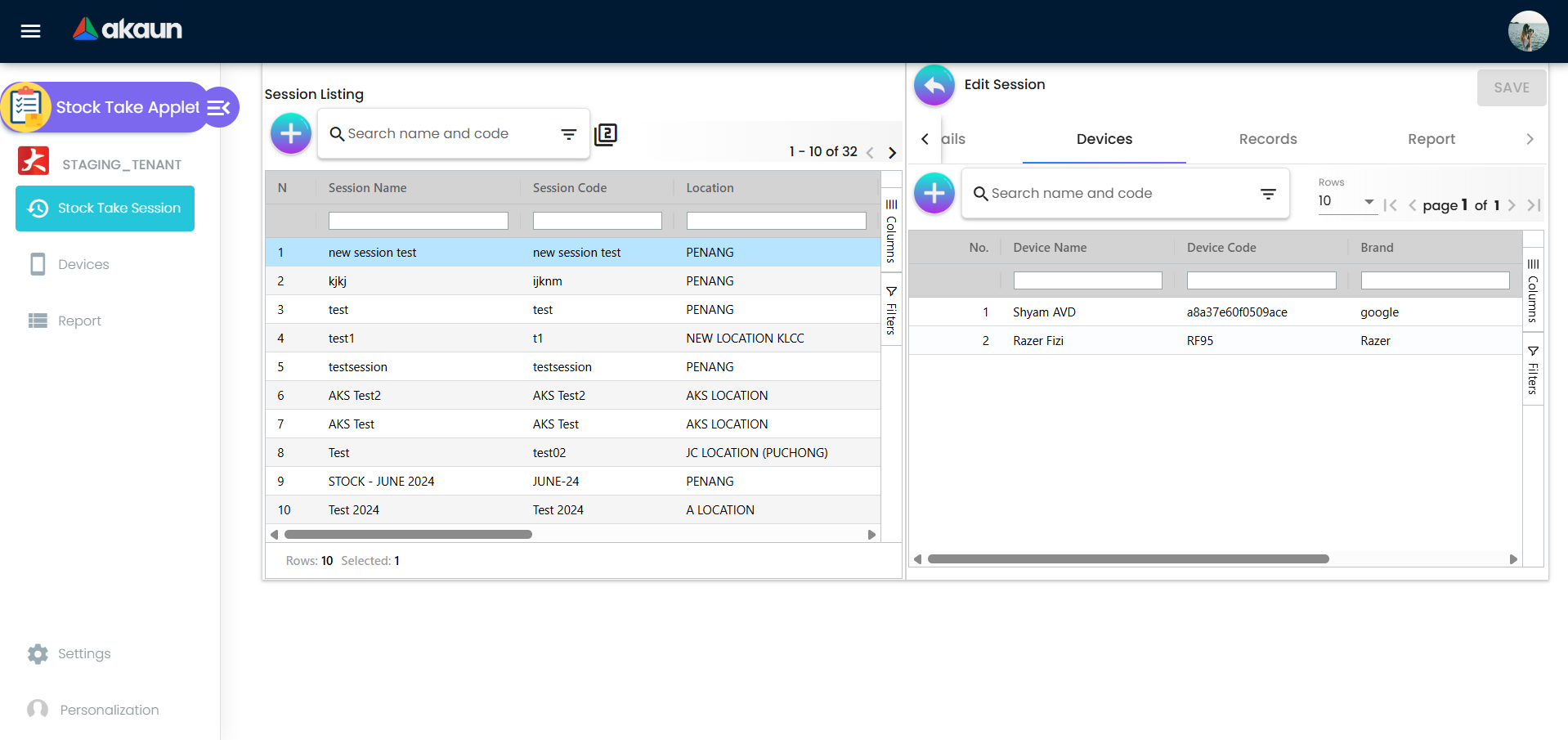 Tab Devices di dalam Session Edit menunjukkan peranti pengiraan yang diperuntukkan dan status semasanya.