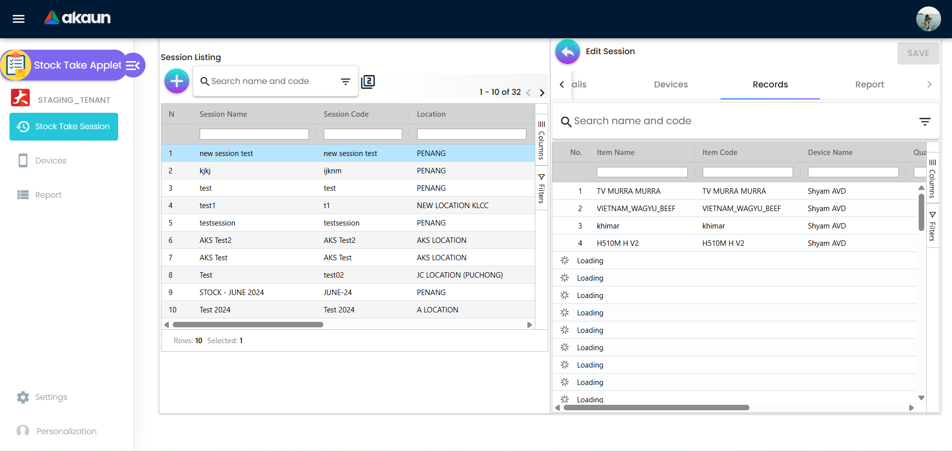 Tab Records menunjukkan baris item yang dikira dengan item code, quantity, UOM, dan maklumat kemas kini terakhir.