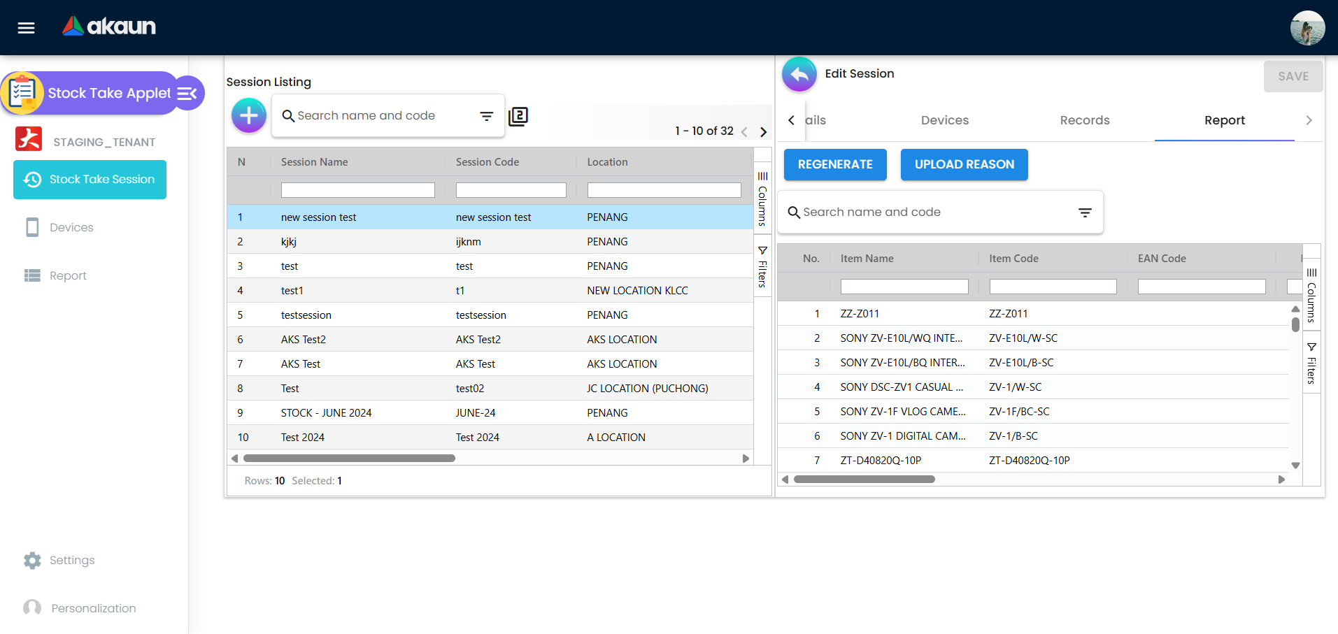 Kawalan tab Session Report dengan tindakan Generate/Regenerate, senarai laporan, dan aliran kemas kini sebab.