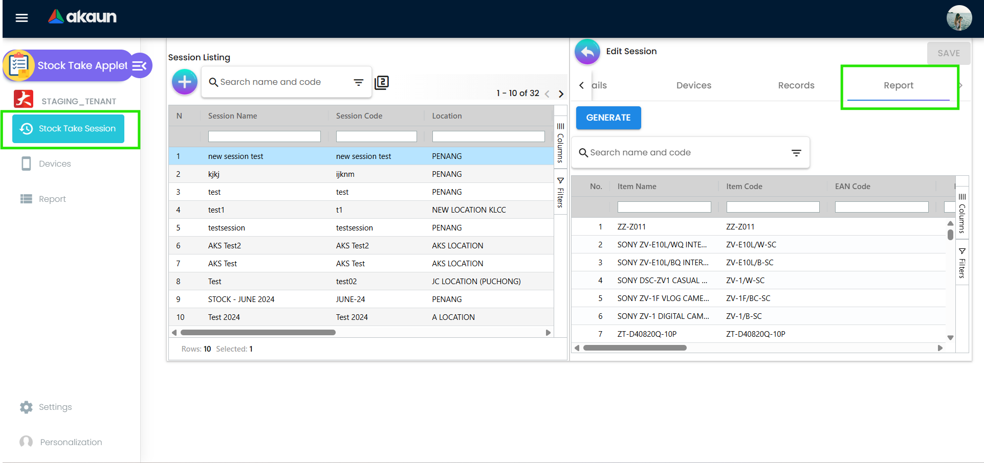 Tab Session Report memaparkan baris laporan terjana, lajur varians, dan konteks rekonsiliasi untuk sesi stock take terpilih.
