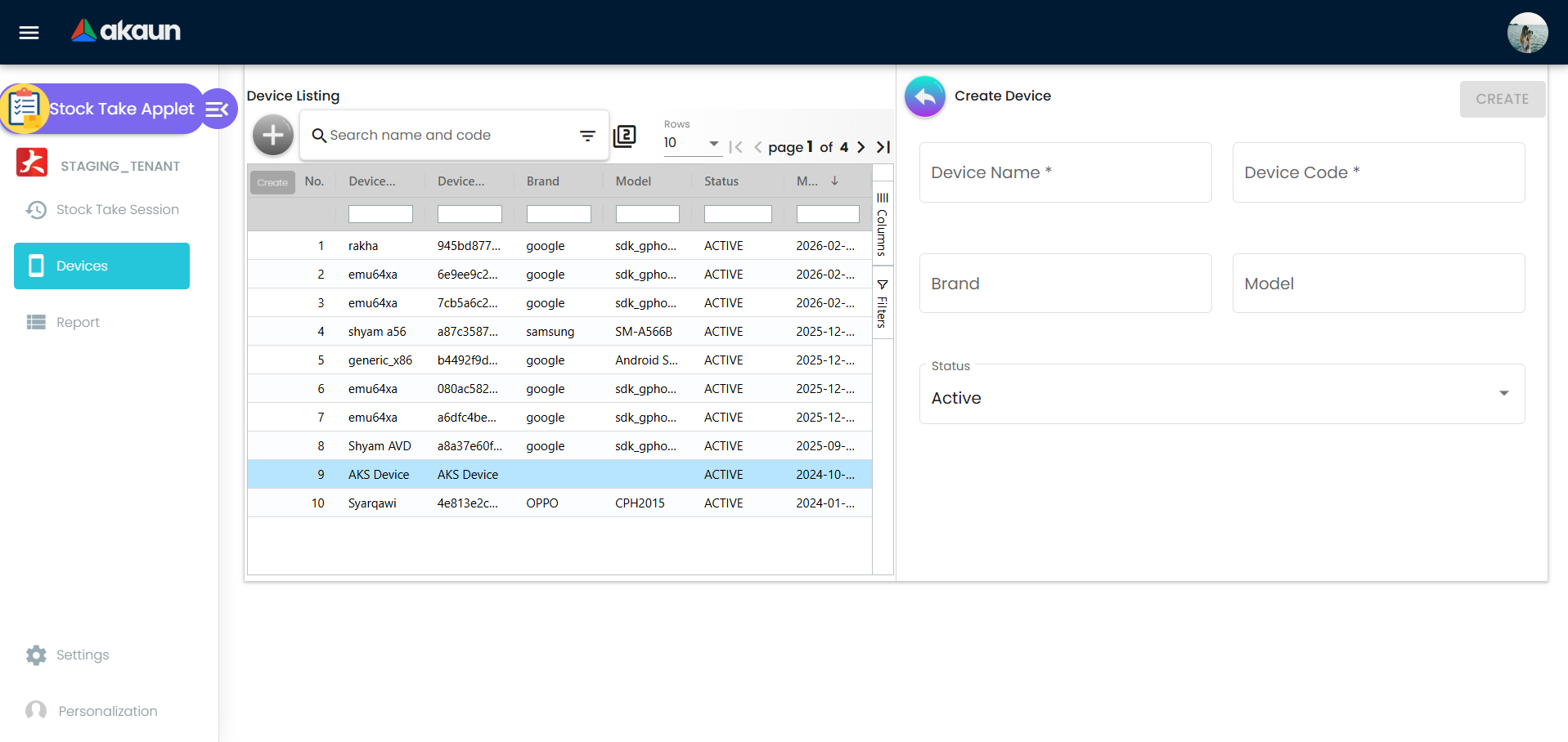 Borang Create Device dengan medan device name, code, brand, model, dan status untuk peranti pengiraan baharu.