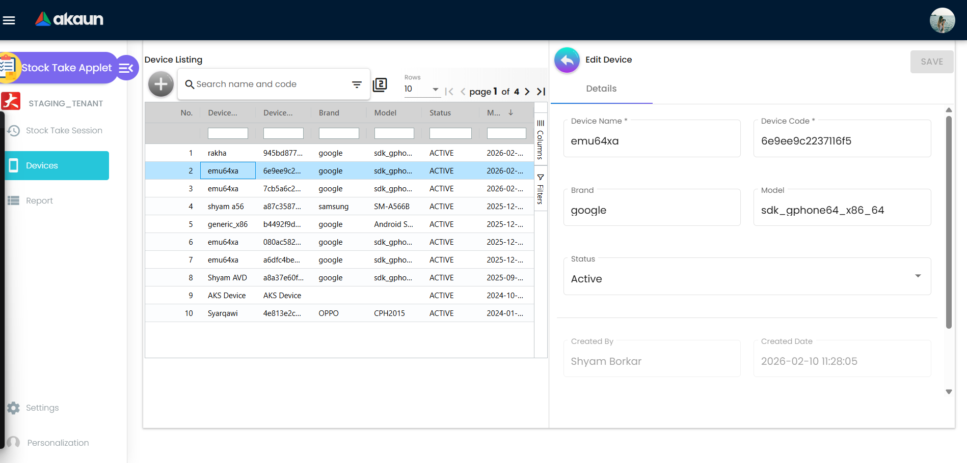 Borang Edit Device menunjukkan butiran peranti sedia ada, kemas kini status, dan medan metadata audit.
