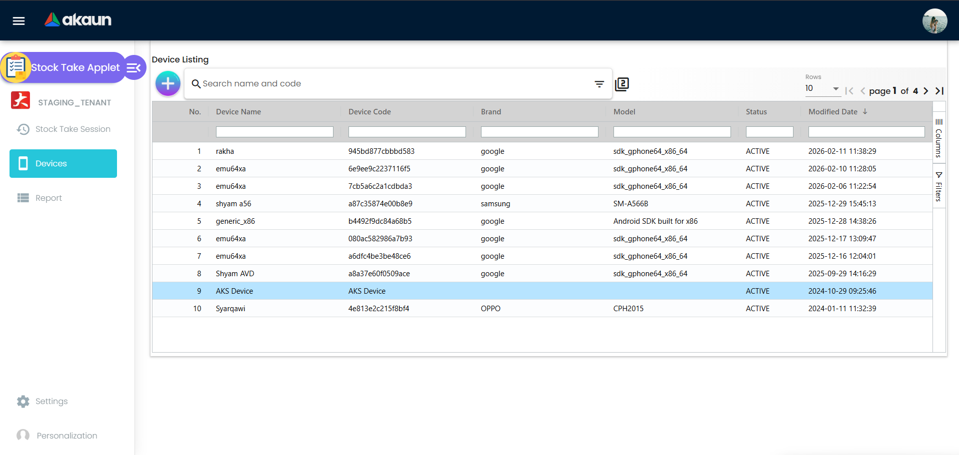 Senarai Stock Take Device dengan device code, maklumat model, dan status aktif untuk peruntukan.