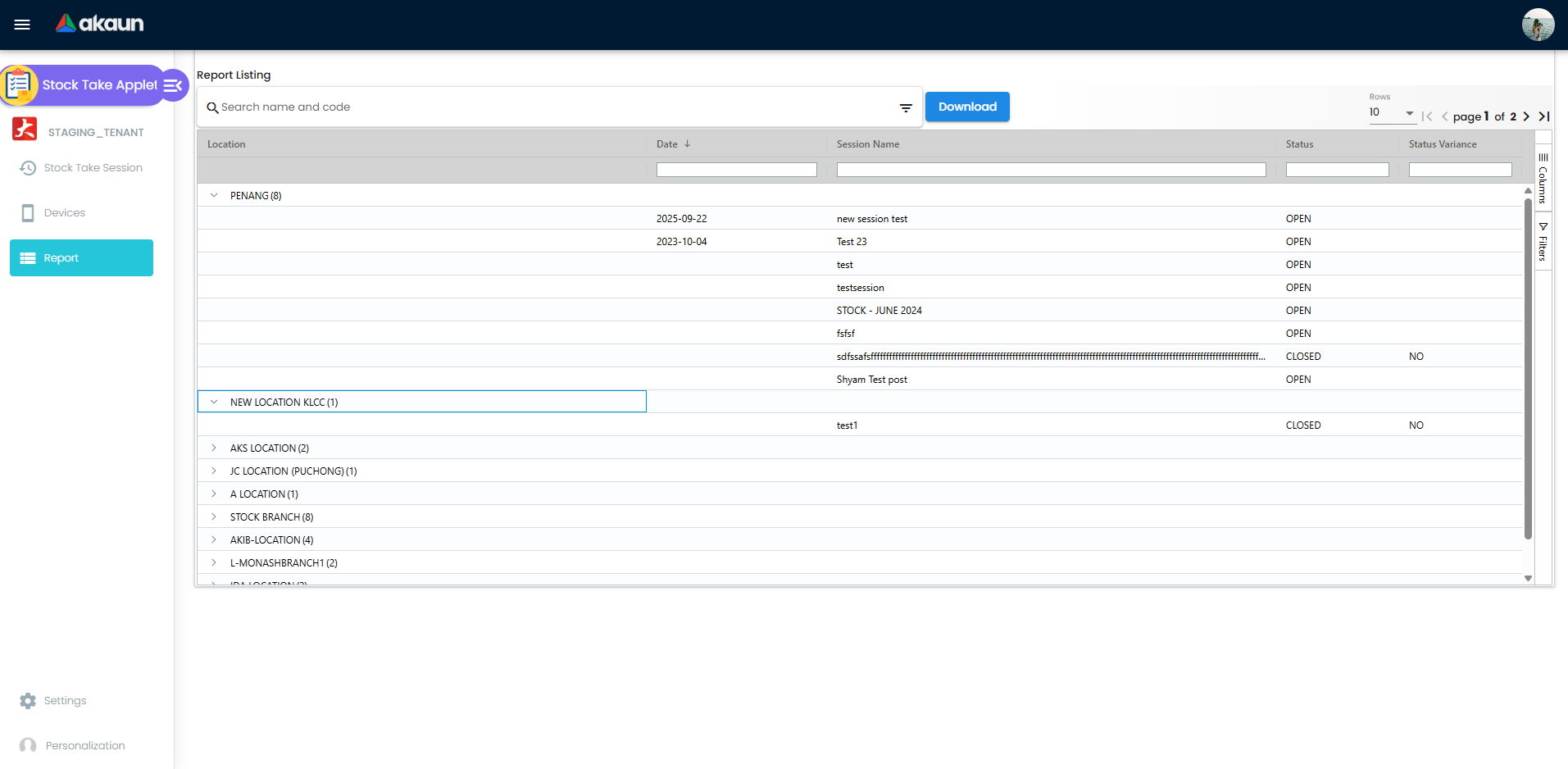 Senarai Stock Take Report dengan status varians, paparan berkumpulan, dan susun atur laporan sedia eksport.