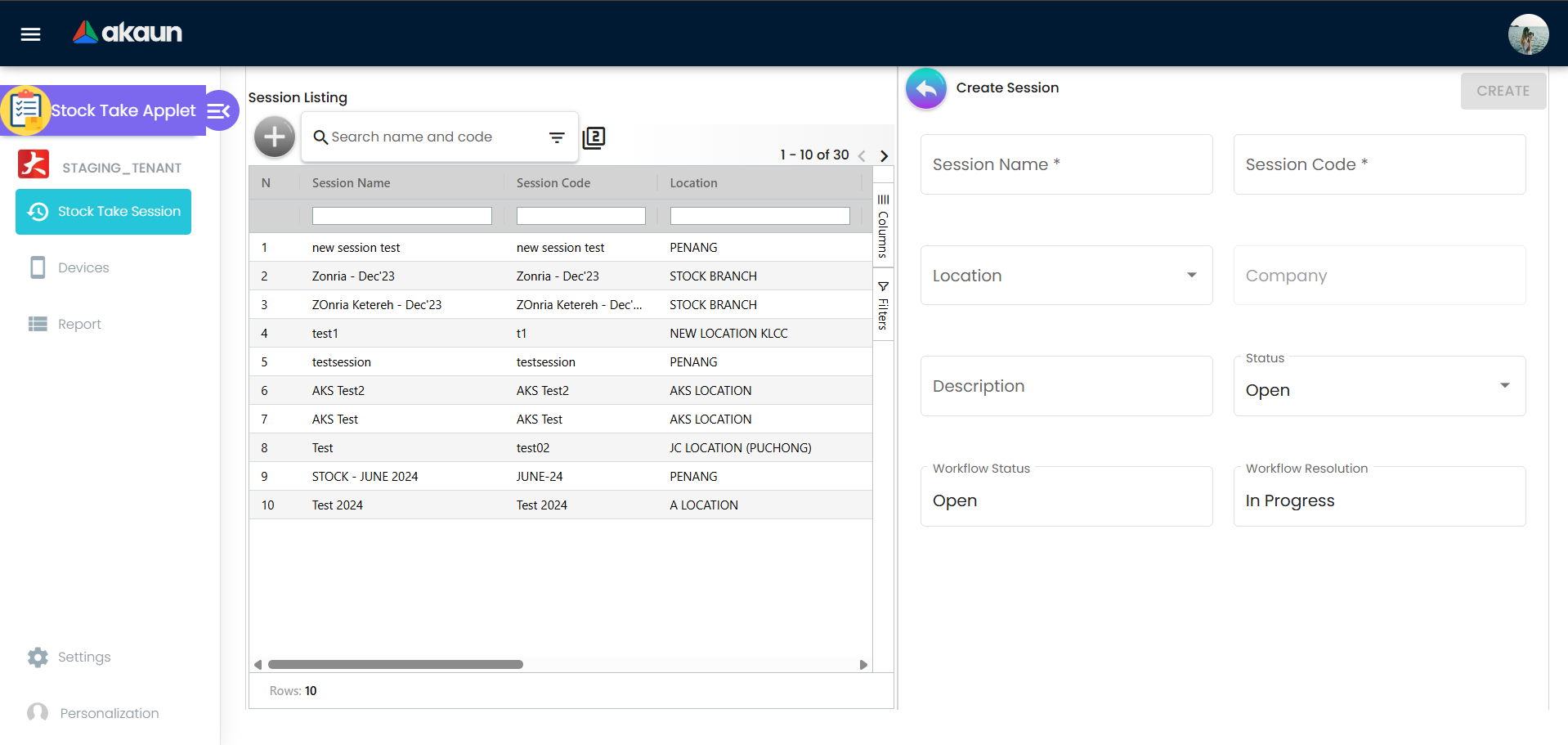 Borang Create Stock Take Session dengan medan teras seperti session code, location, dan butiran workflow.