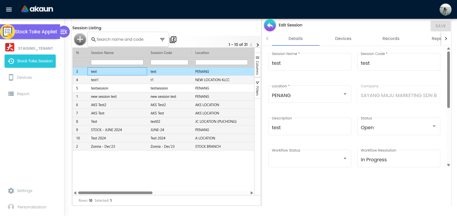 Borang Edit Stock Take Session menunjukkan kawalan kemas kini untuk status, butiran, dan tab pengiraan yang dipautkan.