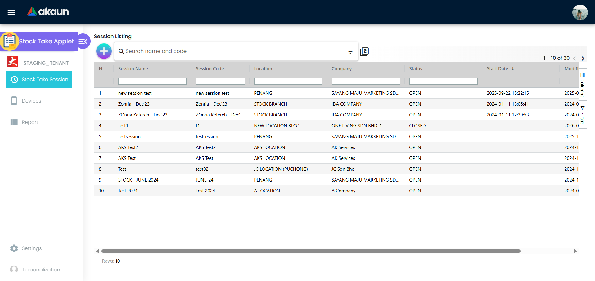Senarai Stock Take Session dengan rekod boleh cari, metadata sesi, dan penjejakan status operasi.