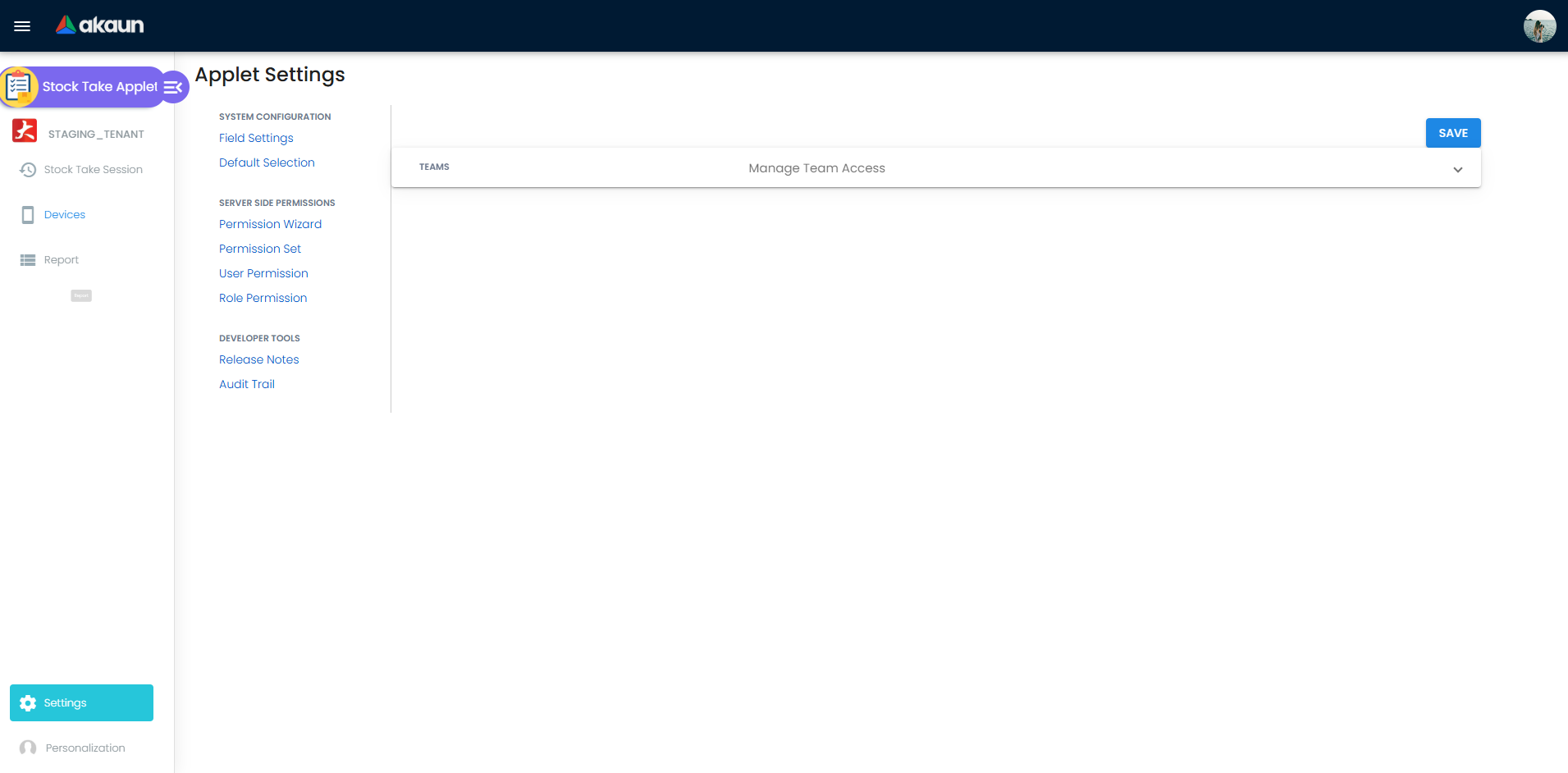 Tetapan Aplet Stock Take dengan konfigurasi medan, kawalan workflow, dan pilihan default selection.
