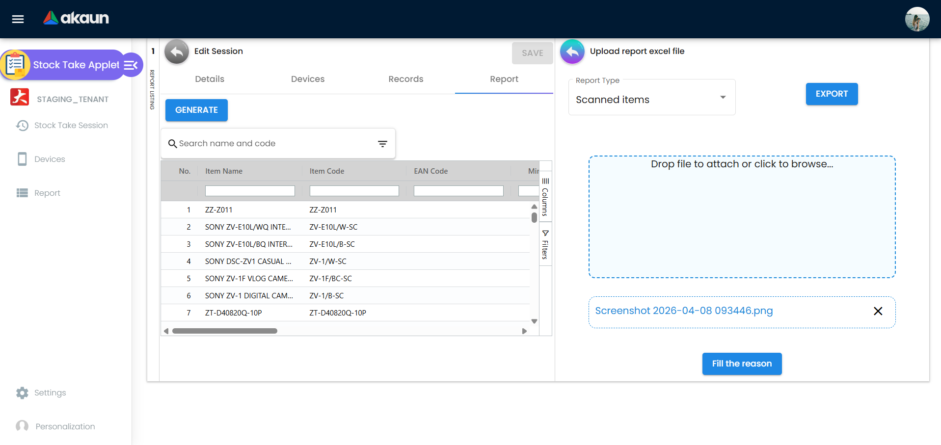 Skrin susulan Upload Reason yang menunjukkan status fail dipilih dan kesediaan tindakan import.