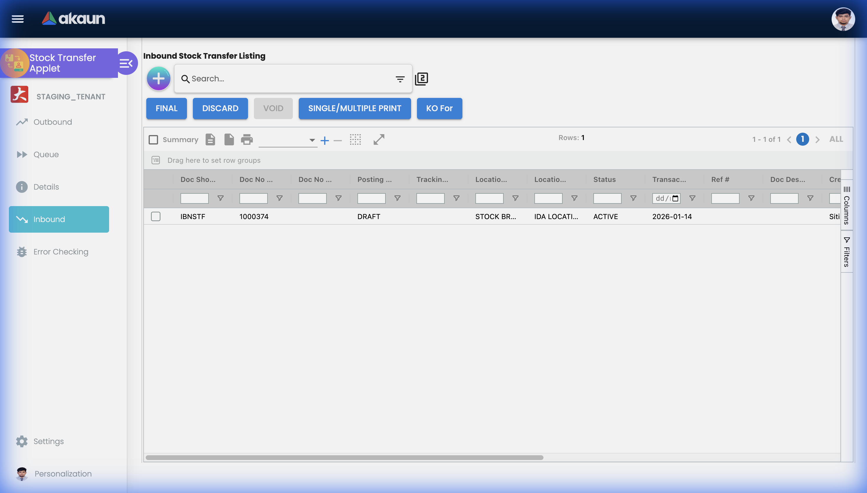 Inbound Stock Transfer Listing