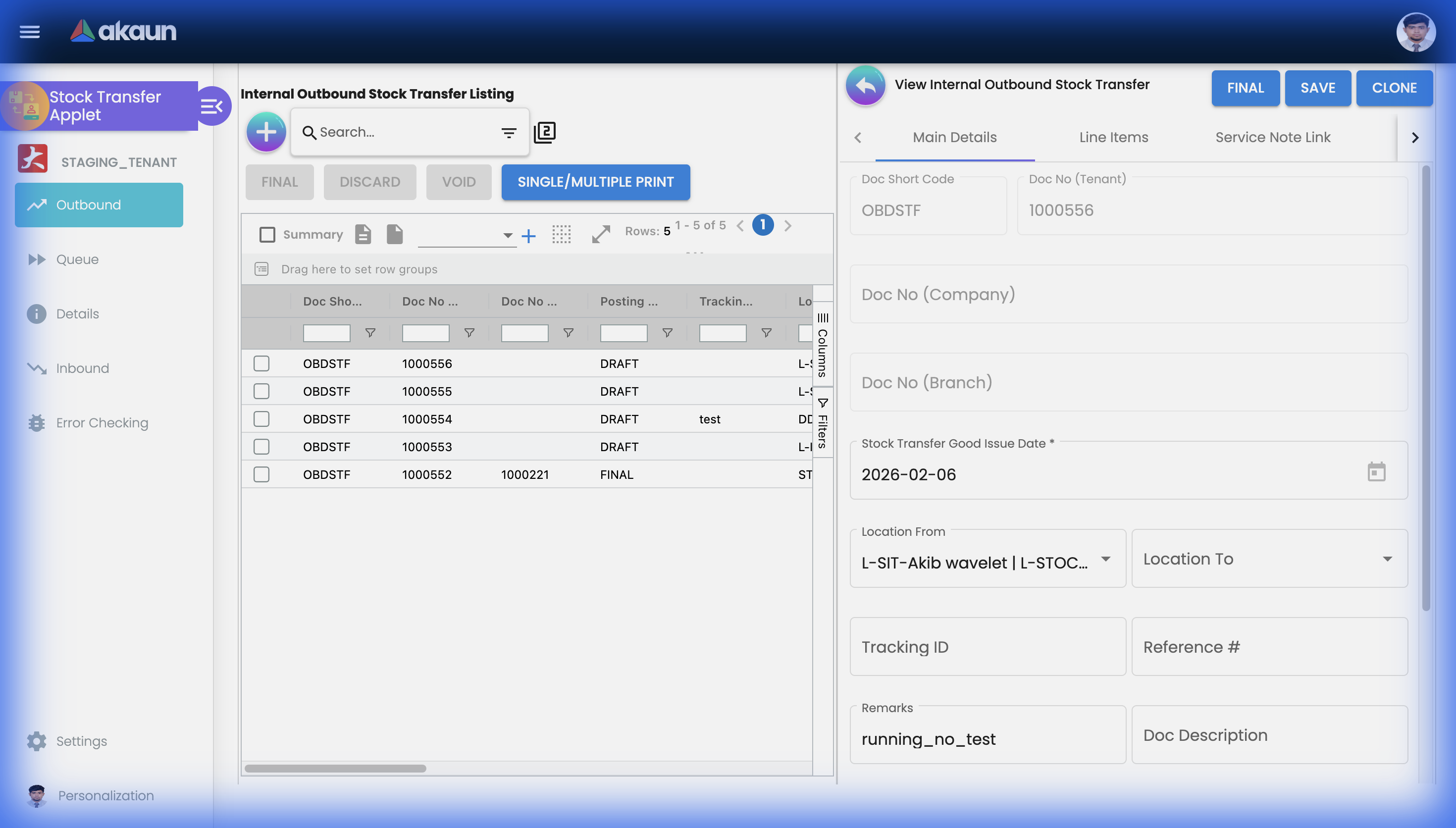 Outbound Stock Transfer edit