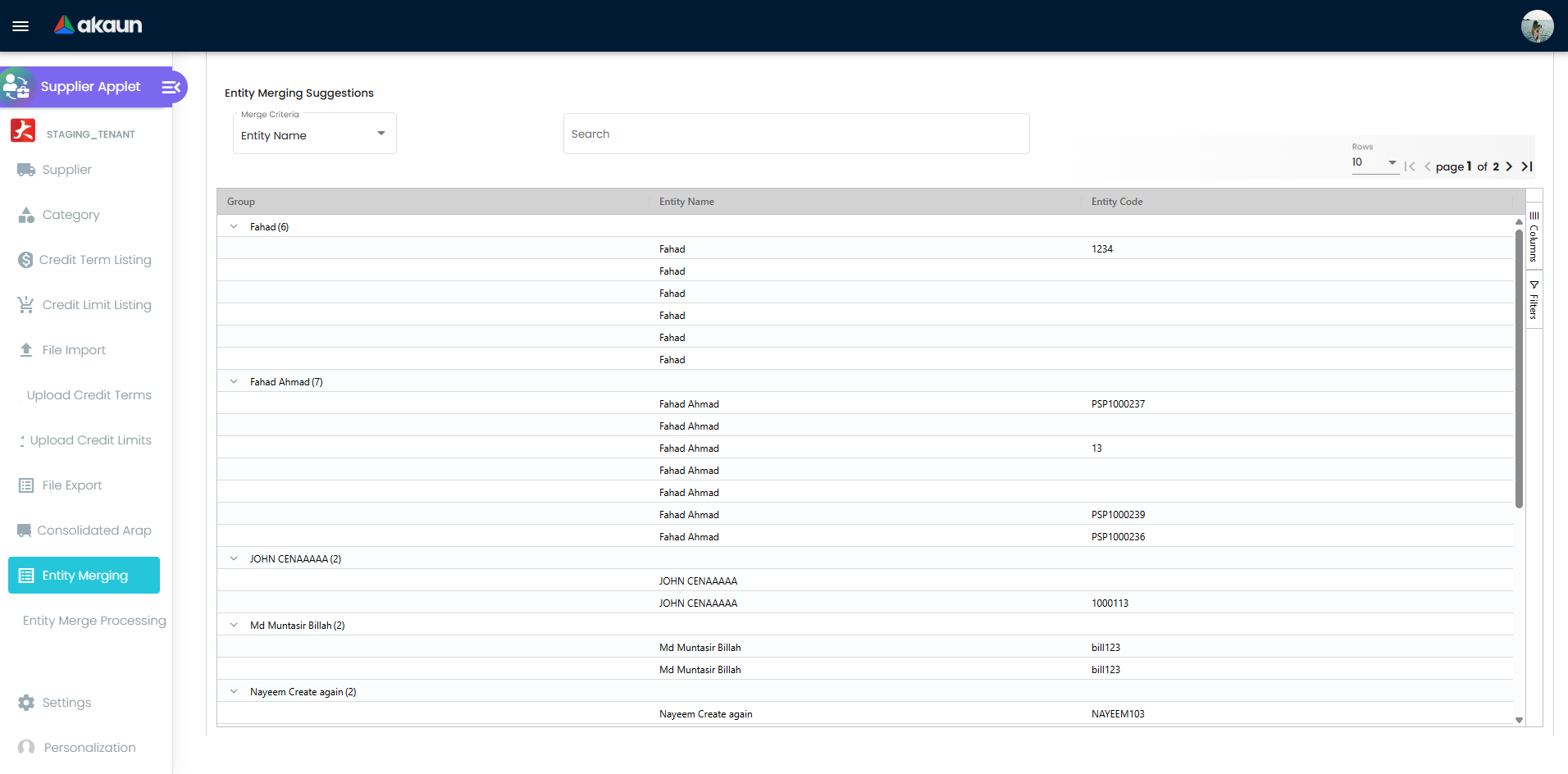 Entity merging screen with merge criteria selector and grouped duplicate entities