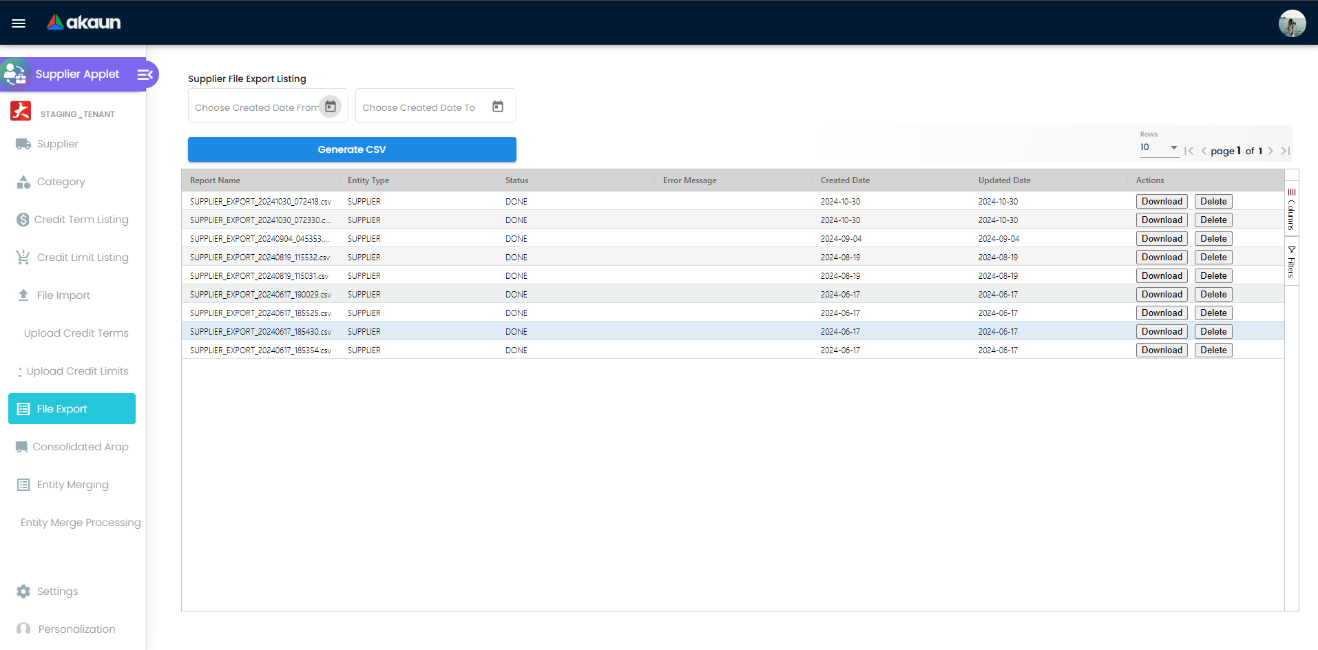 File export listing with generation button, status columns, and download actions