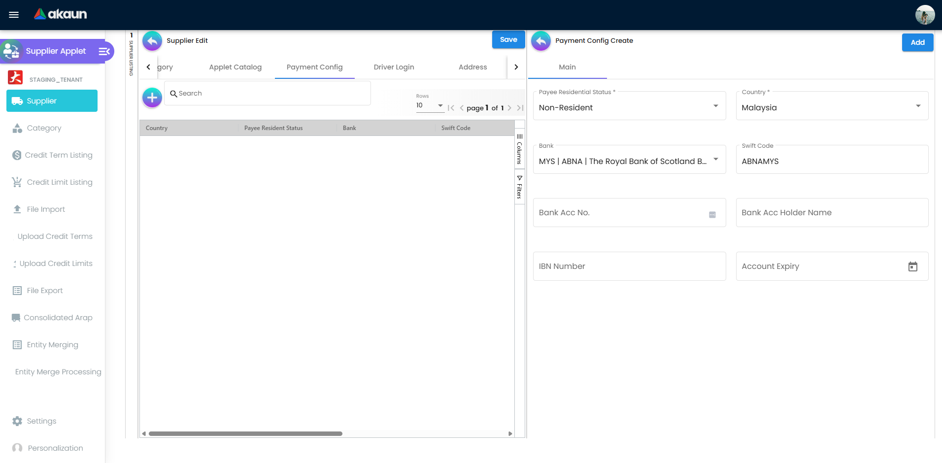 Payment Config create form with payee status, bank, account, and country fields