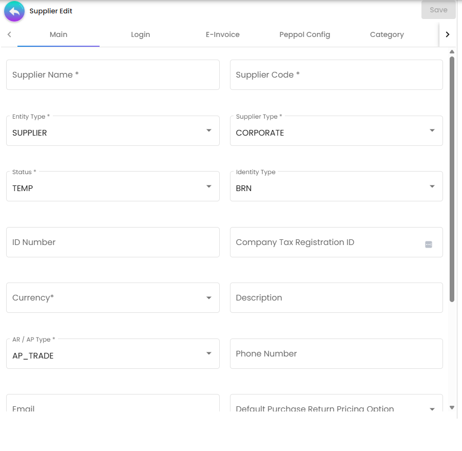 Supplier create and edit form with multiple operational tabs