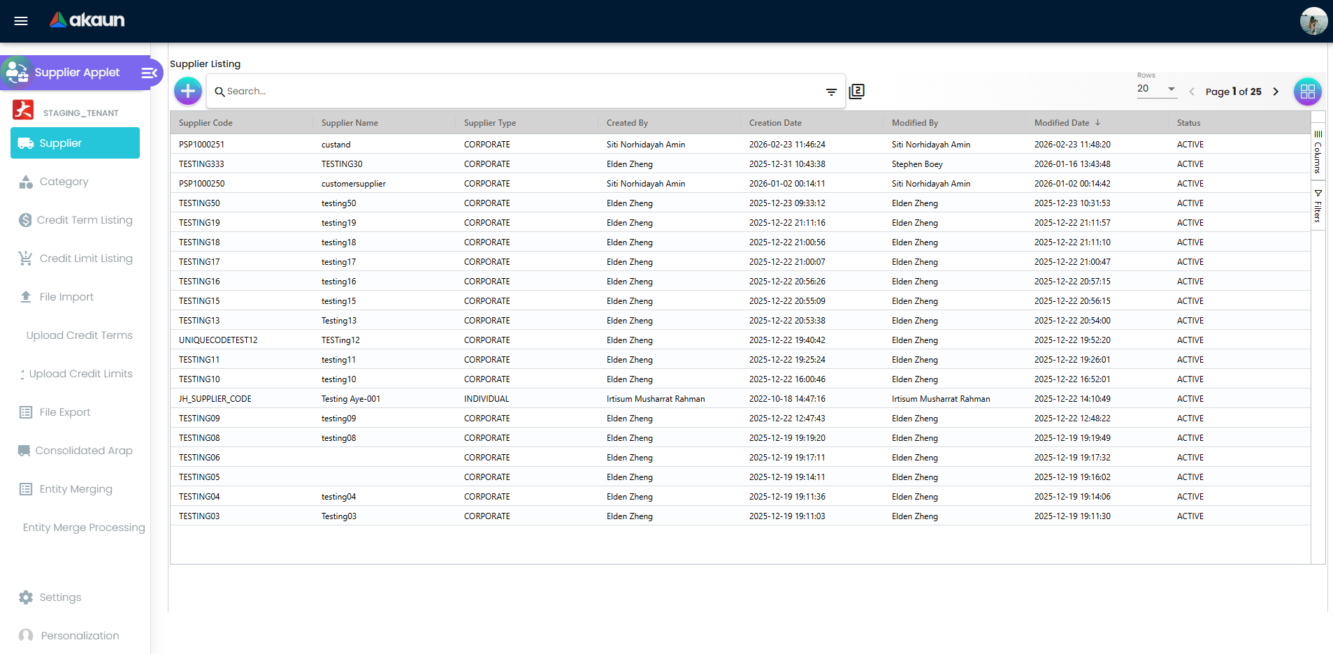 Supplier listing grid with create action and searchable rows
