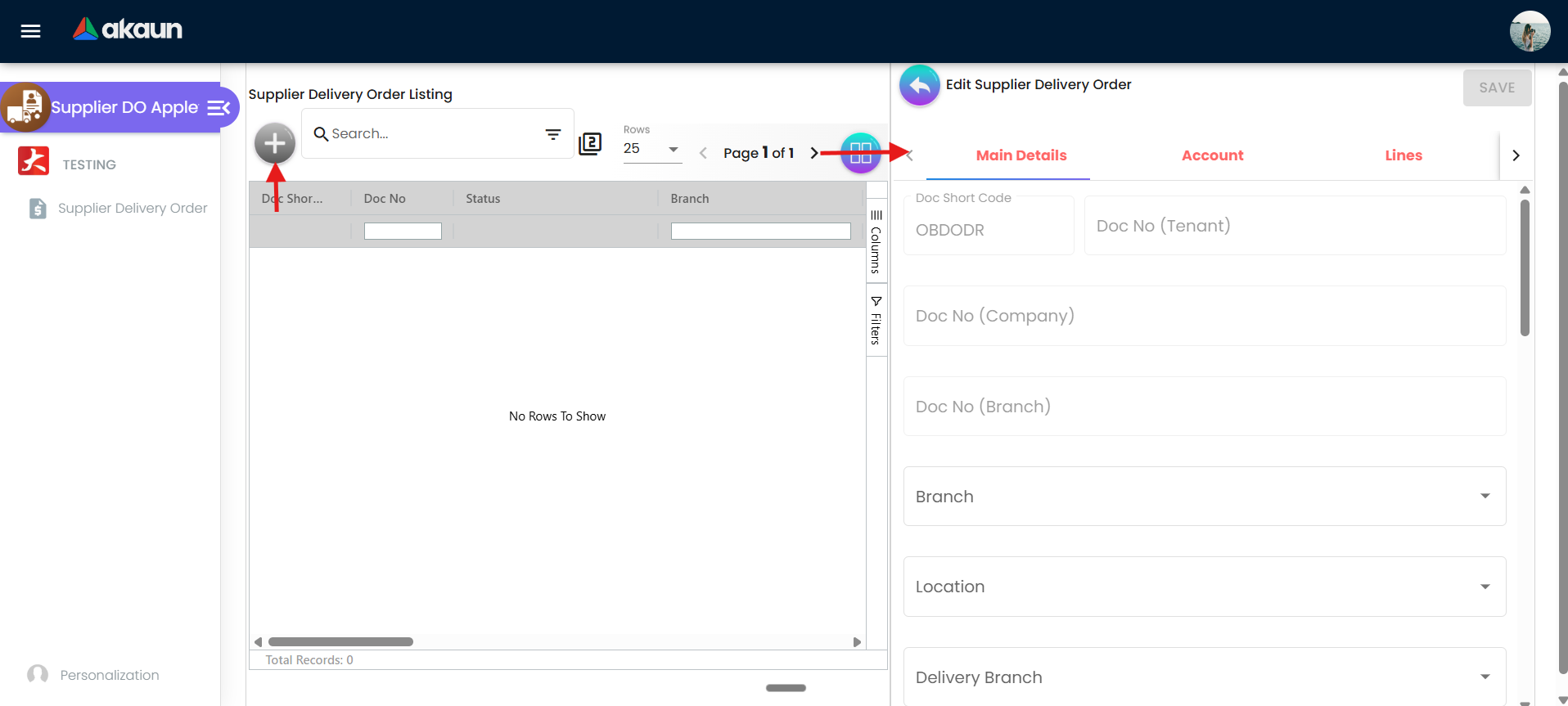 Supplier Delivery Order Listing grid with Create control, search, and column tools